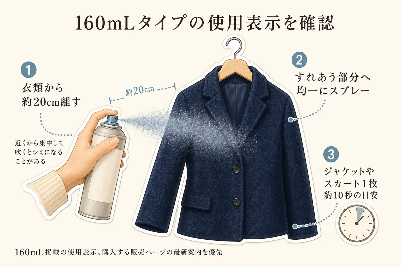 160mLタイプの衣類用静電気防止スプレーの使用表示を示す図。ハンガーに掛けたジャケットへ、衣類から約20cm離してすれあう部分に均一にスプレーし、ジャケットやスカート1枚は約10秒が目安であること、近くから集中して吹くとシミになることがあることを示している。160mL掲載の使用表示であり、購入する販売ページの最新案内を優先する。