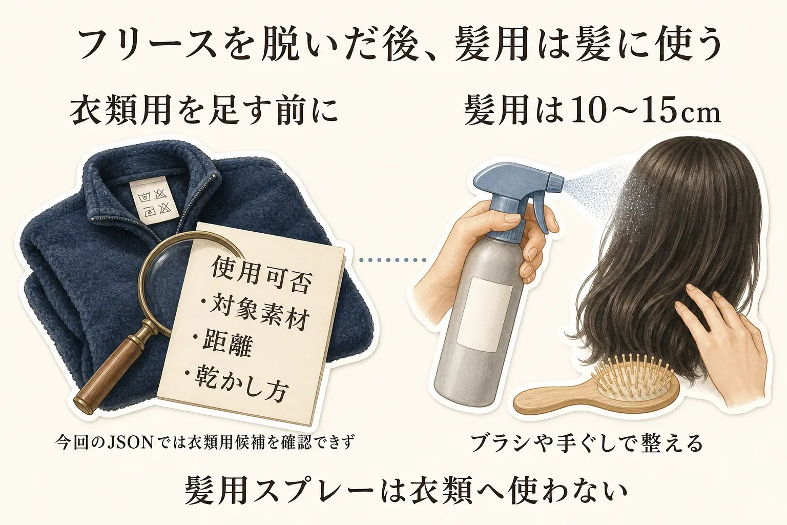 衣類用静電気防止スプレーと髪用スプレーの使い分けを示す図。衣類用は衣類への使用可否・対象素材・使用距離・乾かし方を確認し、髪用はフリースに使わず髪から10〜15cm離して仕上げに使うことを示している。