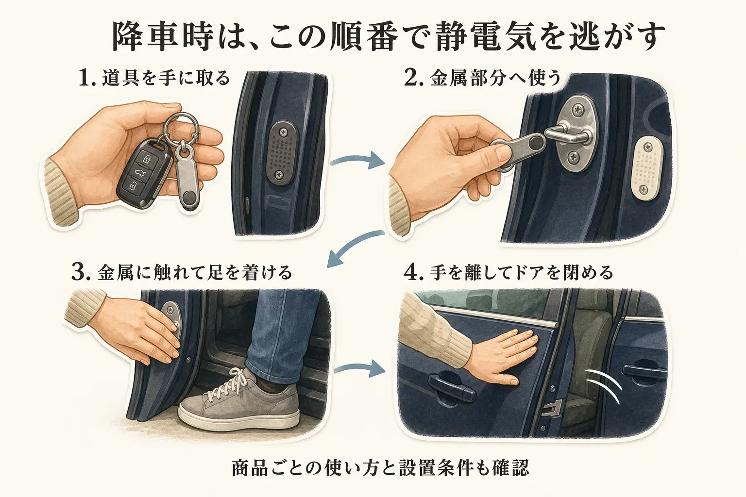 車から降りるときの静電気対策の順番を4段階で示す図。1はキーホルダーまたはドアに貼ったプレートを手に取る、2は商品説明どおりにドアの金属部分へ使う、3は車体の金属部分に触れたまま足を地面へ着ける、4は手を離してドアを閉める。商品ごとの使い方と設置条件も確認するよう示している。