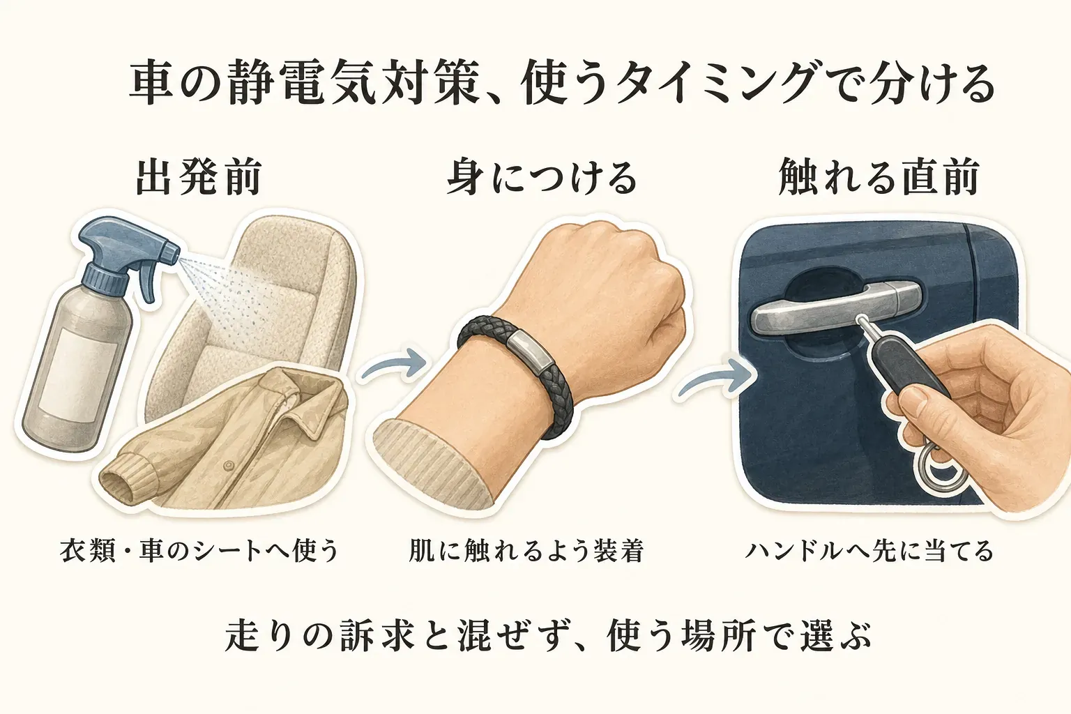車の静電気対策を使うタイミングで分ける図。出発前は静電気防止スプレーを衣類・車のシートへ使い、身につける場合はブレスレットを肌に触れるよう装着し、触れる直前は静電気除去キーホルダーを車のドアハンドルへ先に当てる。走りの訴求と混ぜず、使う場所で選ぶことを示している。