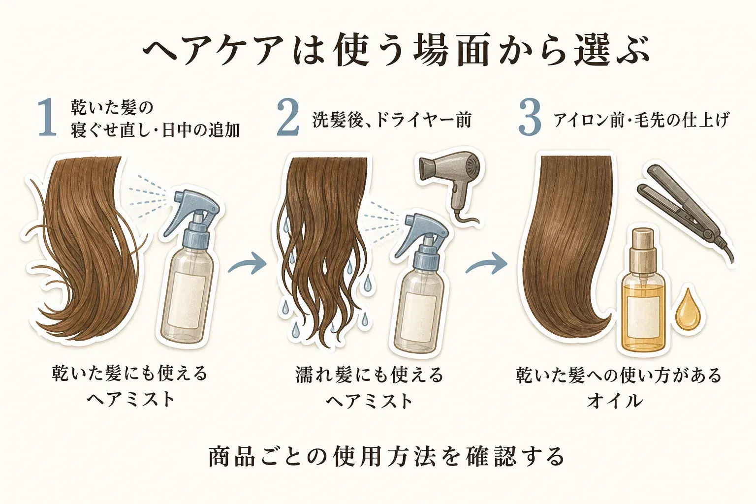 ヘアミストとヘアオイルを使うタイミングで選ぶ図。寝ぐせ直しやドライヤー前、乾いた髪の表面の浮き毛にはヘアミスト、乾いた毛先のまとまりやアイロン前には軽いヘアオイルを選ぶ流れを示している。