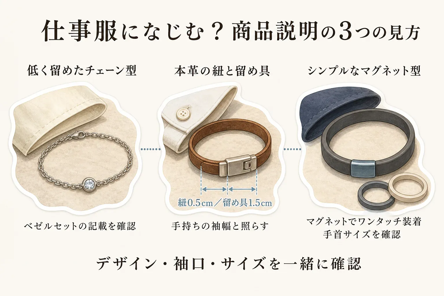 仕事服になじむ静電気除去ブレスレットの商品説明の見方を示す図。低く留めたチェーン型はベゼルセットの記載、本革の紐型は紐幅0.5cmと留め具幅1.5cmを手持ちの袖幅と照合すること、シンプルなマグネット型はワンタッチ装着と手首サイズの確認を説明している。