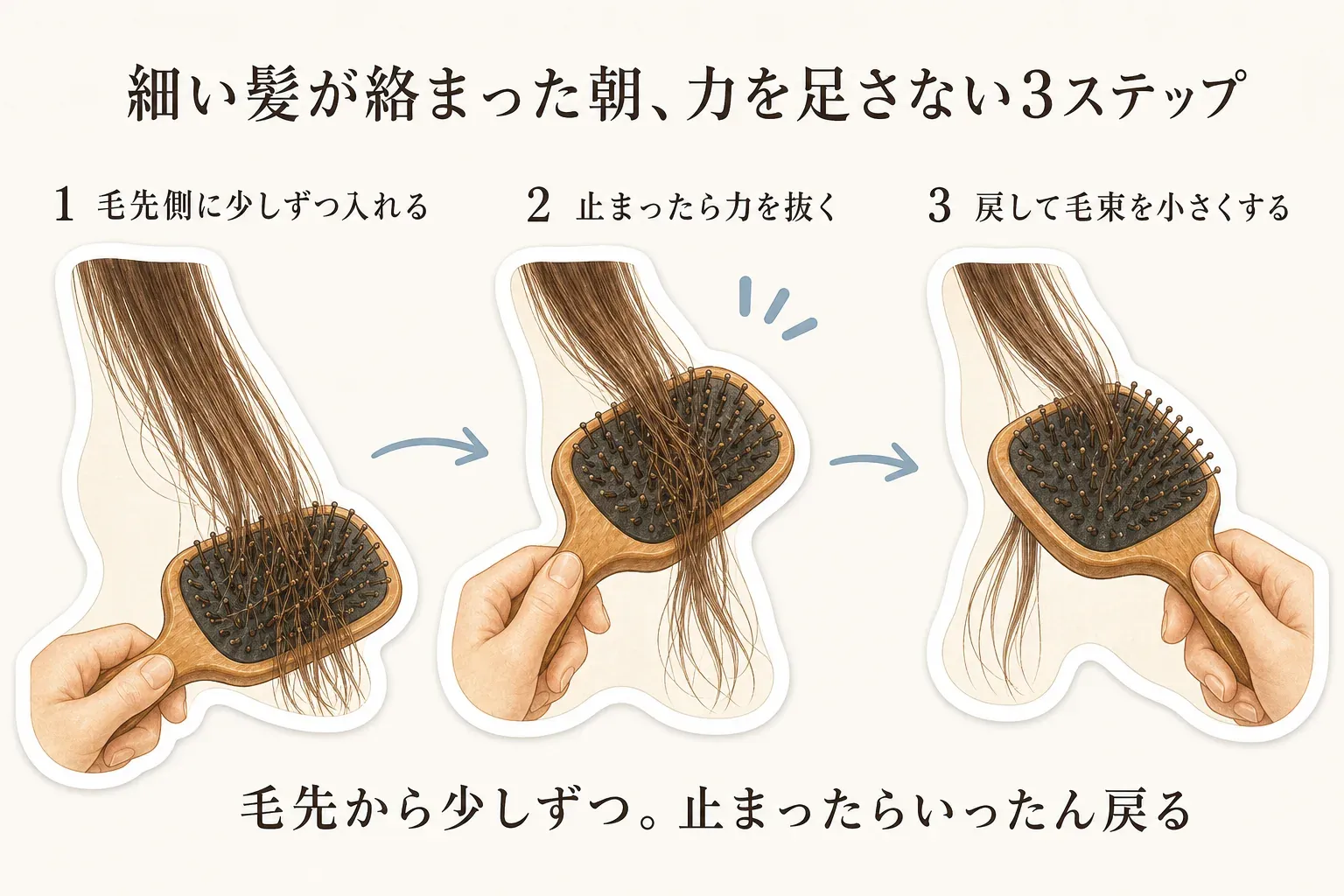 細い髪が絡まった朝に力を足さずとかす3ステップを示す図。1はブラシを毛先側に少しずつ入れる、2は止まったら力を抜く、3はいったん戻して毛束を小さくする。毛先から少しずつとかし、止まったら戻ることを示している。