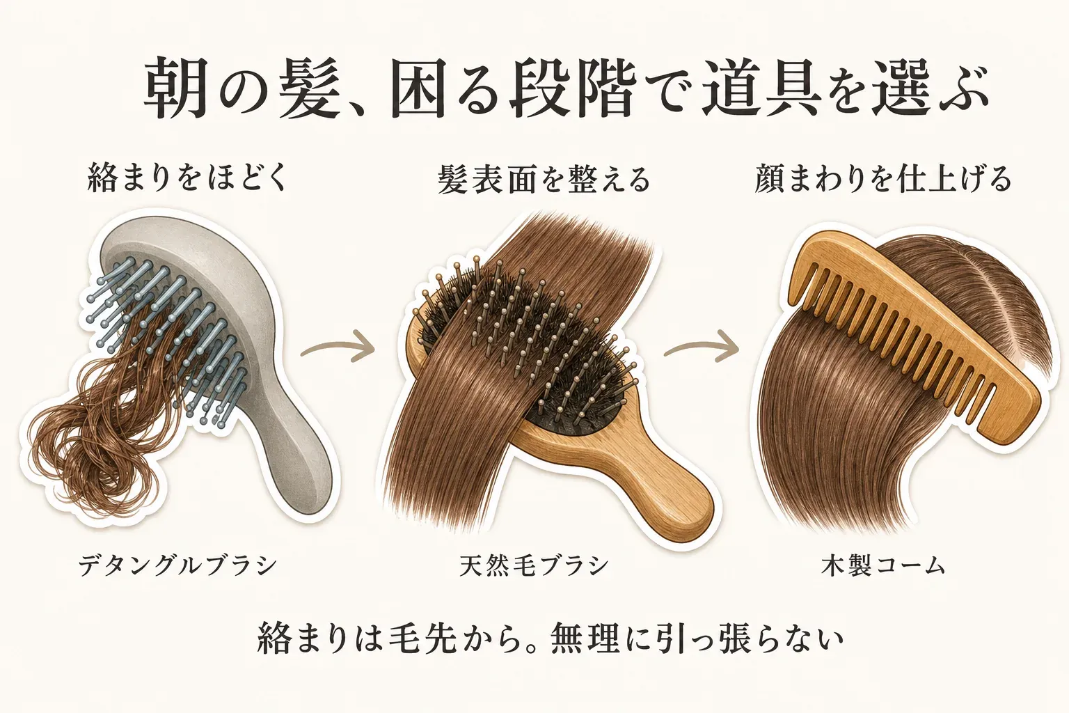 朝の髪を整える段階を示す図。絡まりをデタングルブラシでほどき、髪表面を天然毛ブラシで整え、顔まわりを木製コームで仕上げる順番と、絡まりは毛先から無理に引っ張らないことを示している。