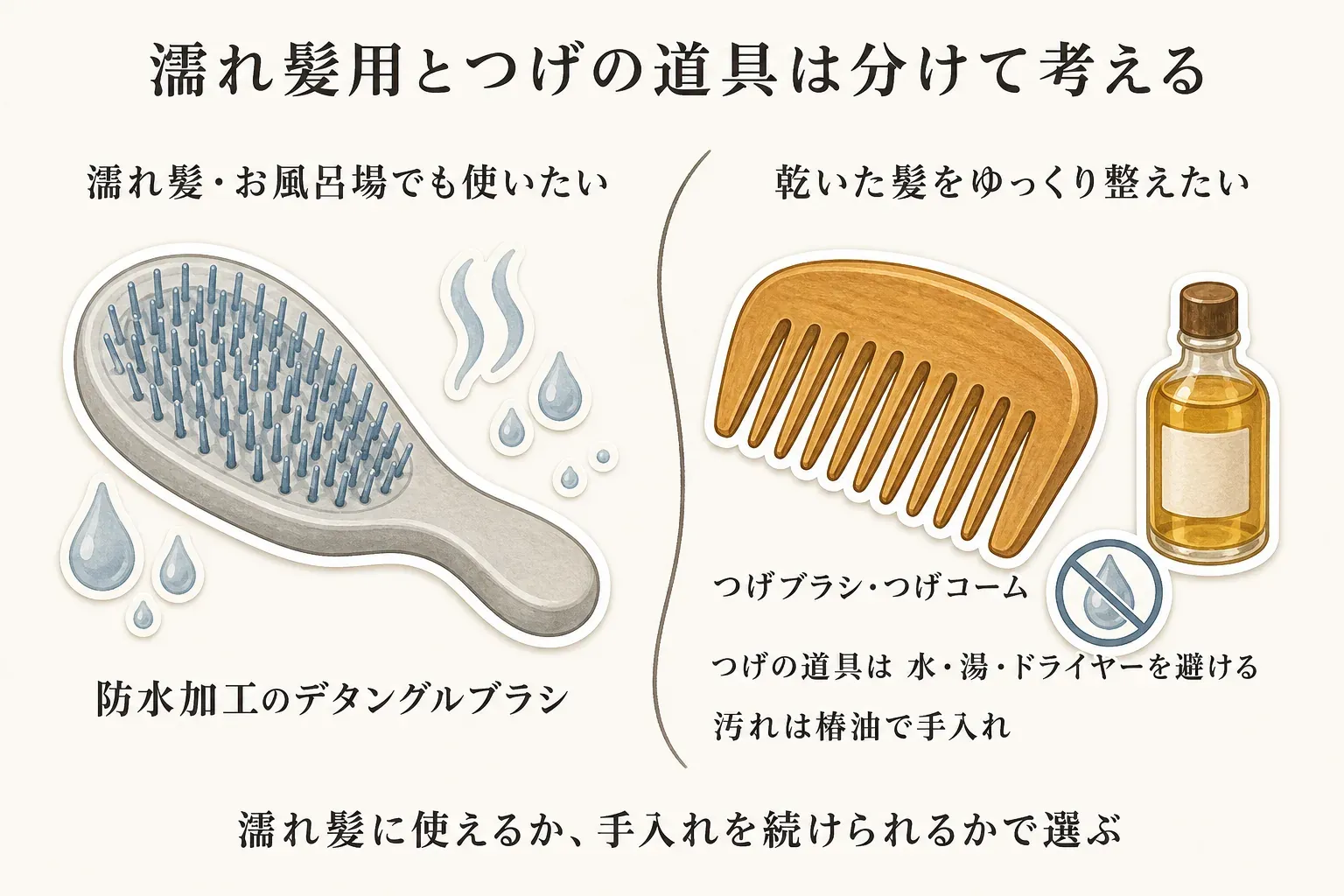 濡れ髪・お風呂場には防水加工のデタングルブラシ、乾いた髪をゆっくり整える場合にはつげブラシ・つげコームを選ぶ考え方を示す図。つげの道具は水・湯・ドライヤーを避け、汚れは椿油で手入れすることを示している。