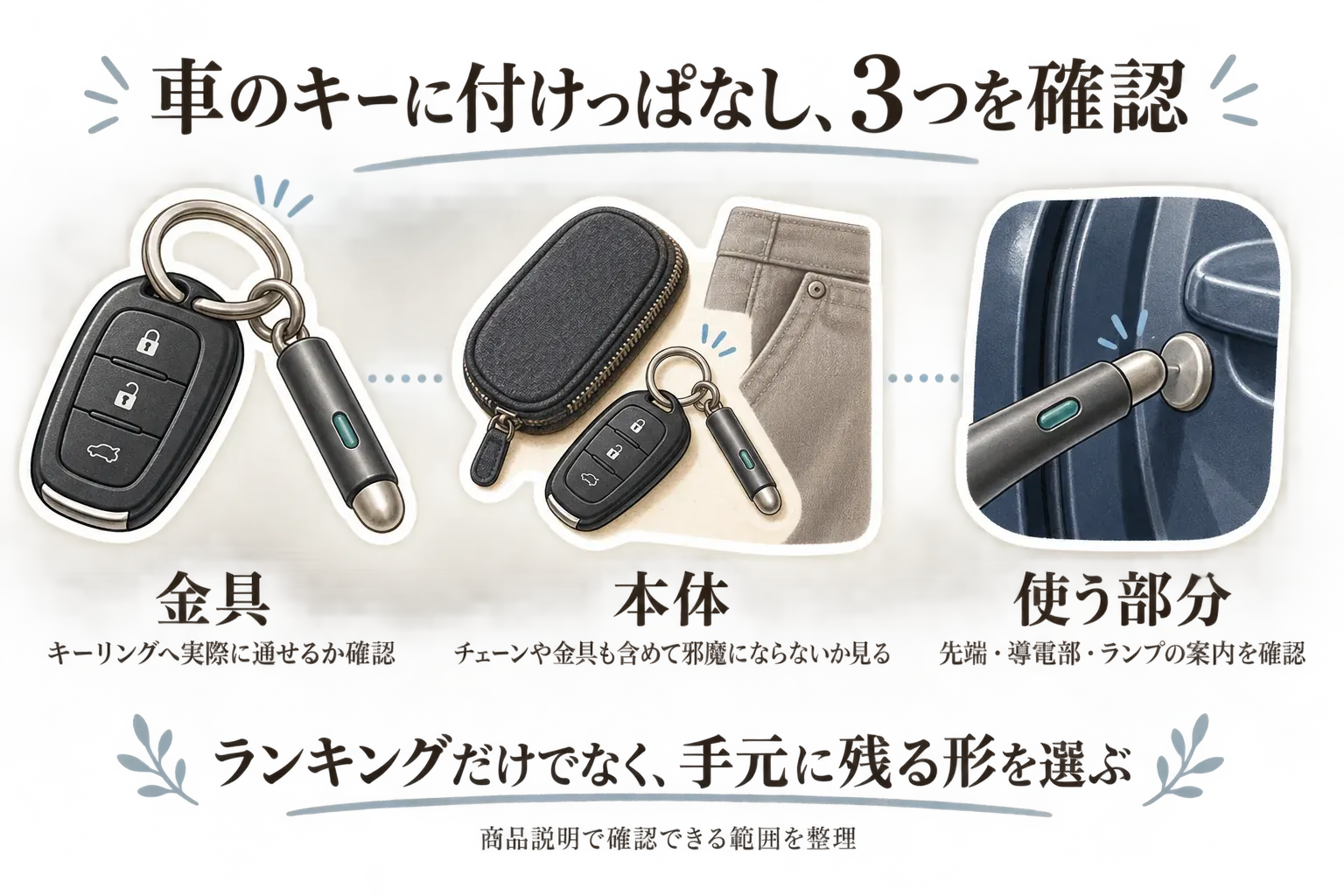 車のキーに静電気除去キーホルダーを付けっぱなしにする際の3つの確認点を示す図。キーリングへ実際に通せる金具、キーケースやポケットで邪魔にならない本体とチェーン、車の金属部分へ使う先端・導電部・ランプの案内を確認することを表している。