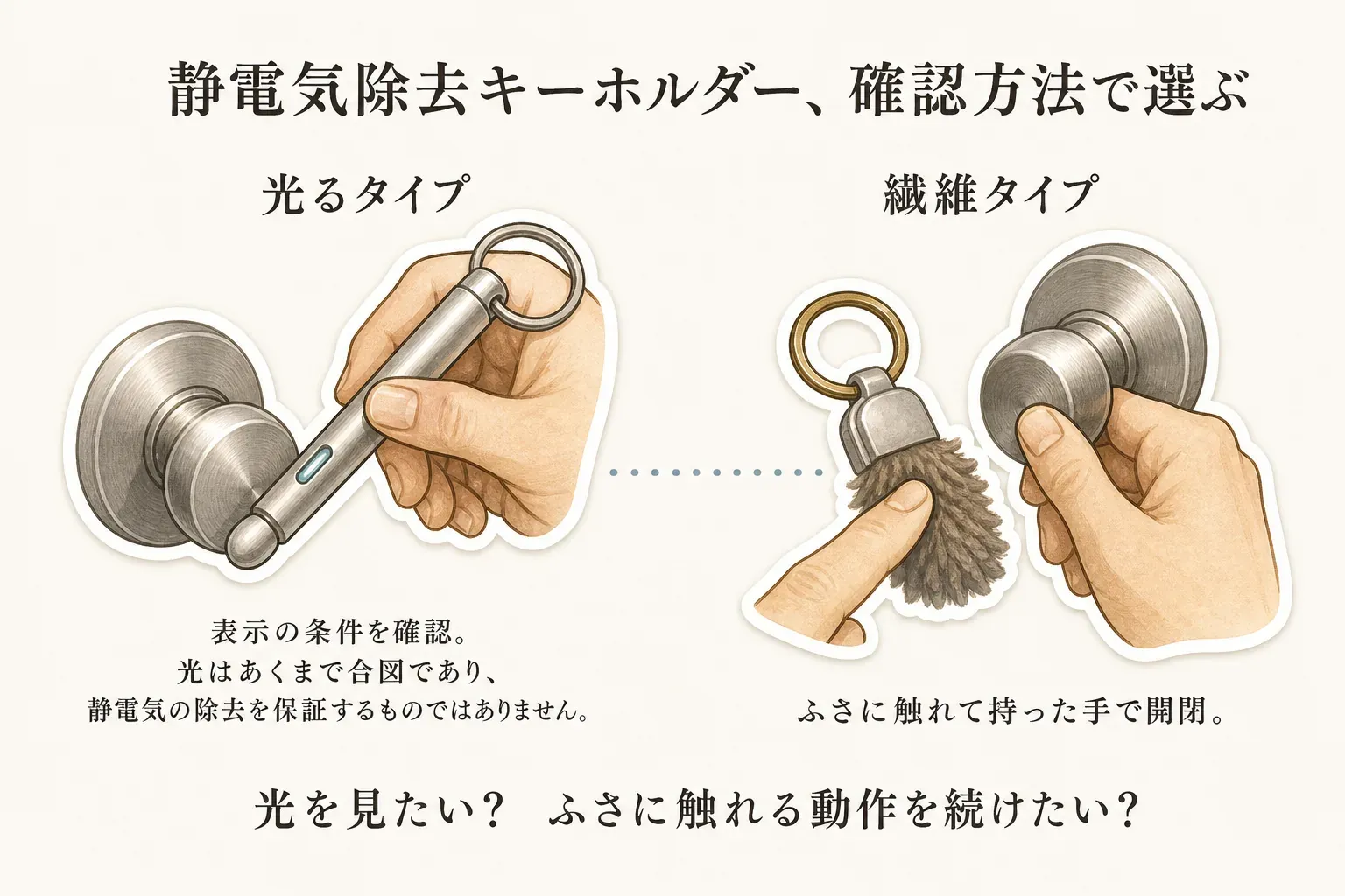 静電気除去キーホルダーを確認方法で選ぶ図。光るタイプは先端をドアノブへ当てて表示条件を確認し、光は目安であって静電気除去を保証するものではない。繊維タイプはふさに指先を触れ、持った手でドアを開閉することを示している。