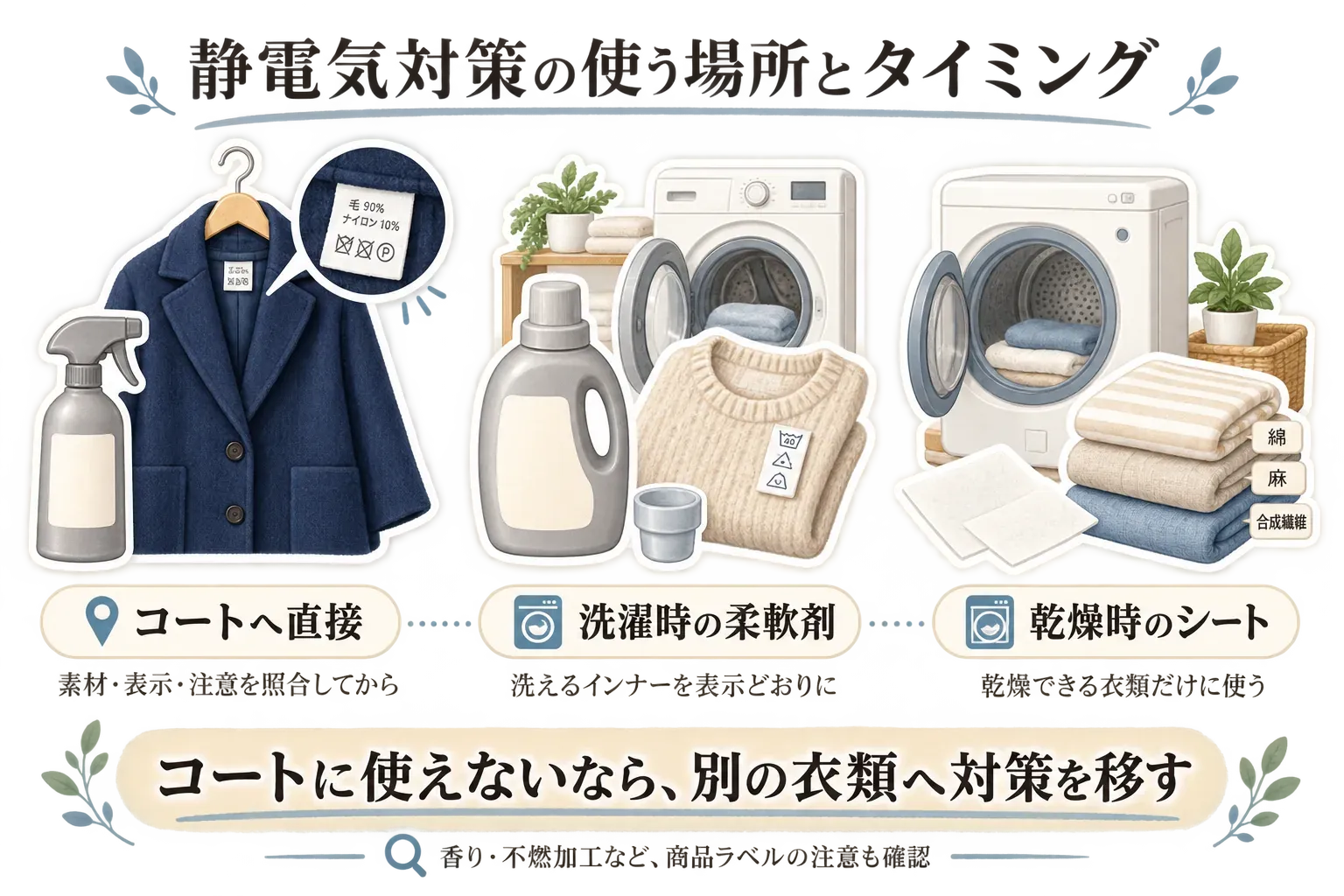 静電気対策の使う場所とタイミングを示す図。コートへ直接使う場合は素材・取扱い表示・スプレーの注意を照合してから使い、使えない場合は洗えるインナーを洗濯時に柔軟剤で整えるか、綿・麻・合成繊維など乾燥できる衣類に乾燥時専用シートを使う。香りや不燃加工など商品ラベルの注意も確認する。