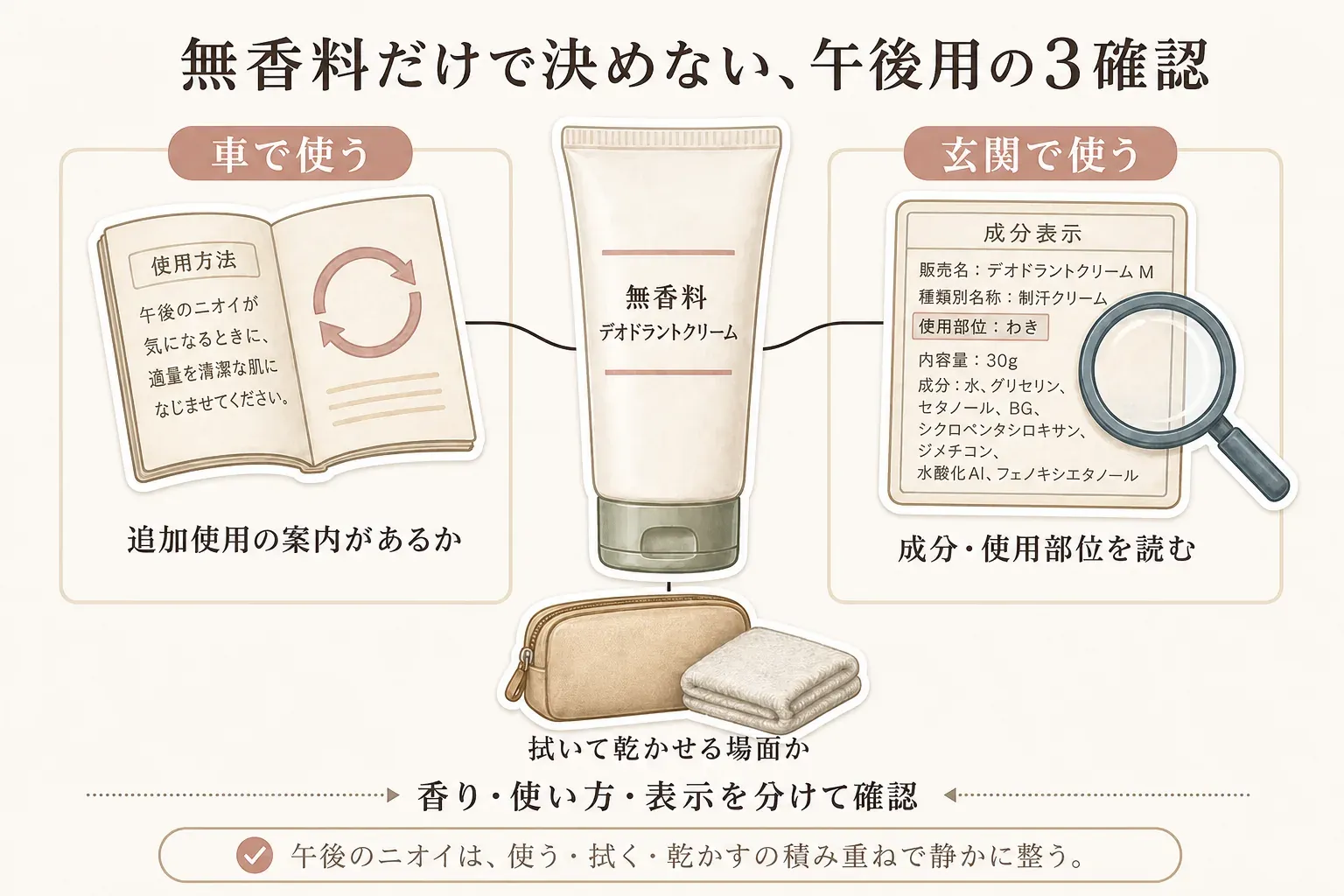 年末年始の帰省前に、車の鍵に付けて車のドアで使う静電気除去キーホルダーと、玄関のドアノブ近くに貼って家族が使うタッチプレートを、使う場所で分けることを示す図。
